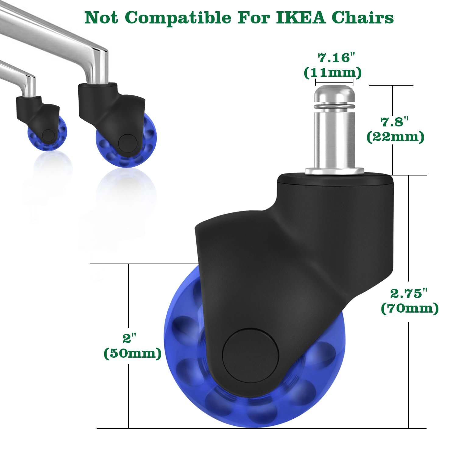 Office Chair Wheels Replacement 2 Inch Rubber Ball Caster Wheels for Wood Floor Carpet Mats, Set of 5, Heavy Duty Desk & Gaming Chair Casters 7/16" (11mm) Grip Ring Stem, Quiet Smooth Rolling (Blue)