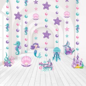 cindeer 8 pcs mermaid birthday party decorations under the sea paper garland jellyfish starfish hippocampus ocean castle hanging banner decor for girls mermaid baby shower party supplies