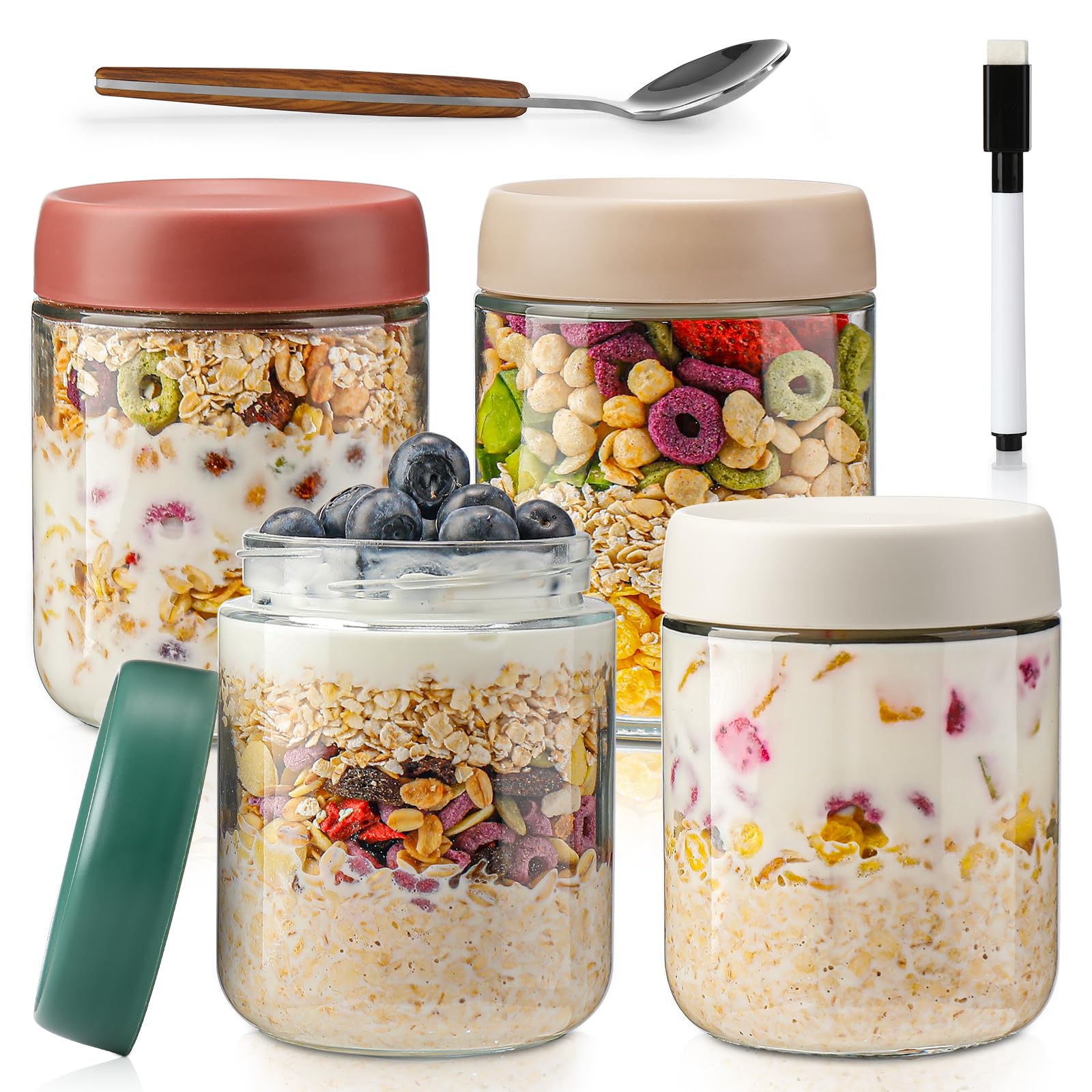 DIMBRAH Overnight Oats Containers with Lids, Mason Jars 16oz with Lids - Set Of 4, Practical Oatmeal Container to Go, Chia Seed Pudding Jars, with Spoon and Marker