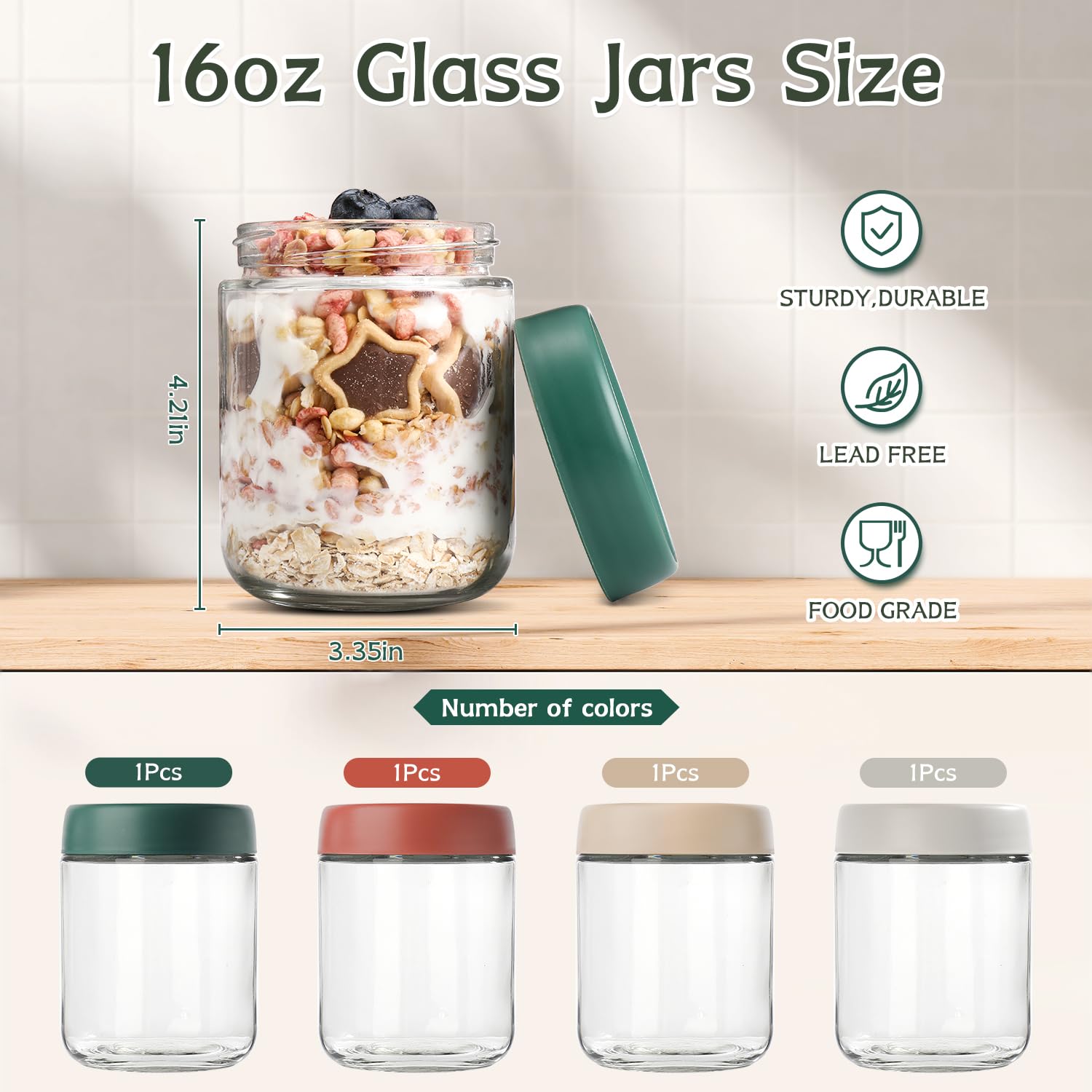 DIMBRAH Overnight Oats Containers with Lids, Mason Jars 16oz with Lids - Set Of 4, Practical Oatmeal Container to Go, Chia Seed Pudding Jars, with Spoon and Marker