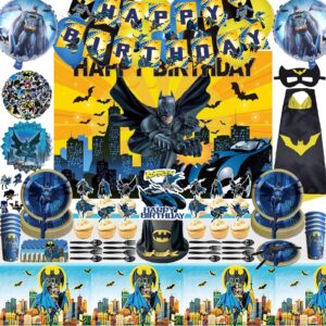 186pcs batm birthday party supplies,superhero party decorations set include birthday banner,cake topper,cupcake toppers,tablecloth,napkins,7inch plates,invitation card,knives,forks,spoons