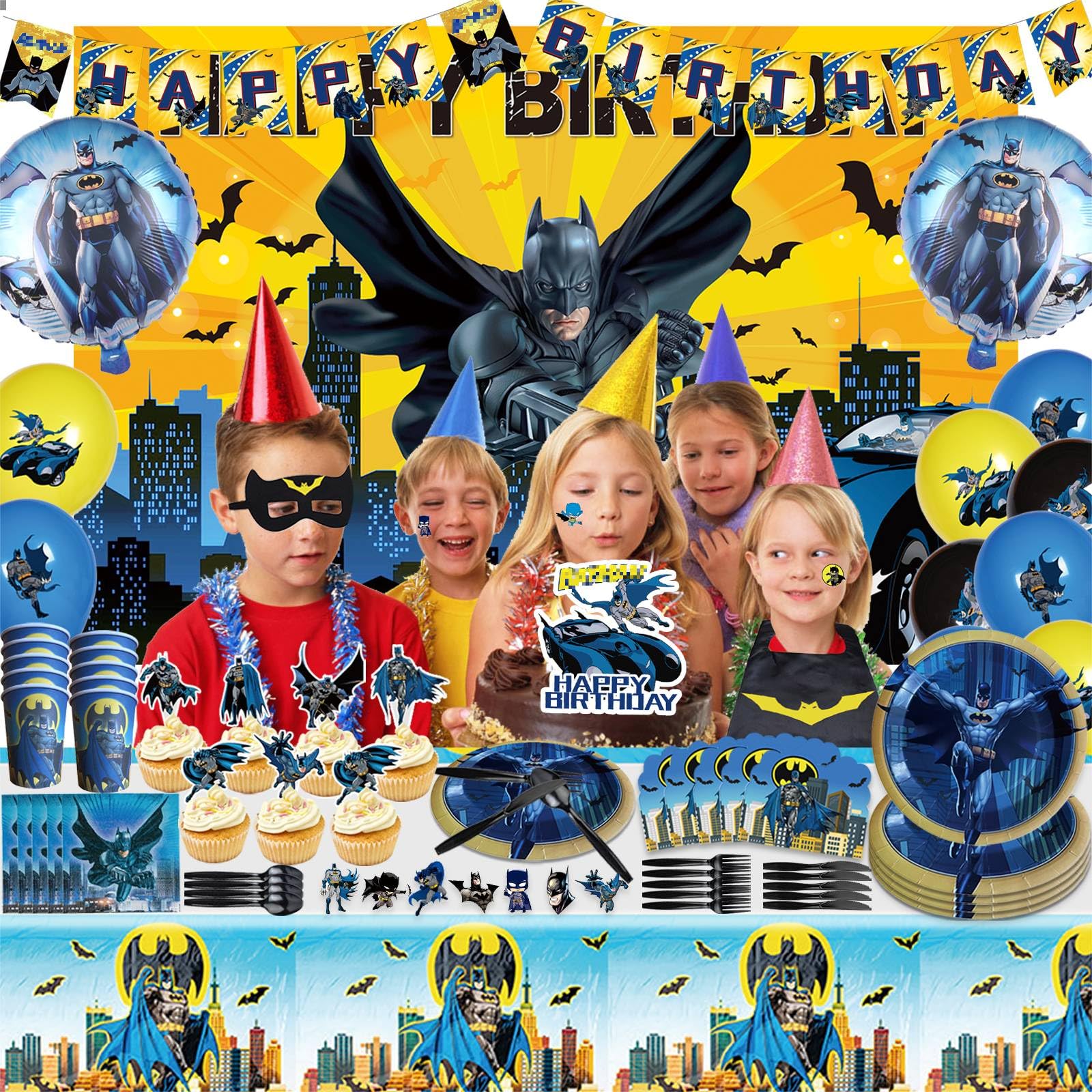 186PCS batm Birthday Party Supplies,Superhero Party Decorations Set Include Birthday Banner,Cake Topper,Cupcake Toppers,Tablecloth,Napkins,7Inch Plates,Invitation Card,Knives,Forks,Spoons