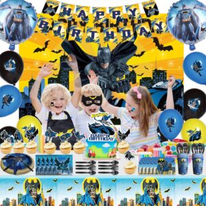 186PCS batm Birthday Party Supplies,Superhero Party Decorations Set Include Birthday Banner,Cake Topper,Cupcake Toppers,Tablecloth,Napkins,7Inch Plates,Invitation Card,Knives,Forks,Spoons