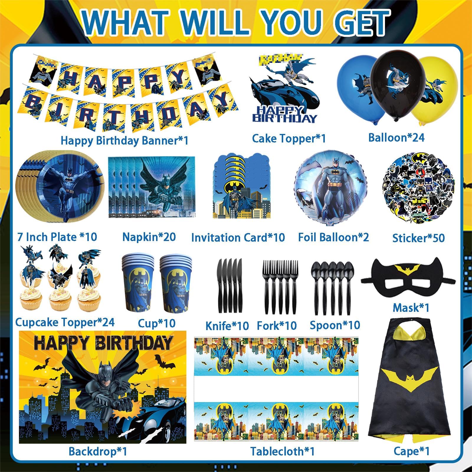 186PCS batm Birthday Party Supplies,Superhero Party Decorations Set Include Birthday Banner,Cake Topper,Cupcake Toppers,Tablecloth,Napkins,7Inch Plates,Invitation Card,Knives,Forks,Spoons