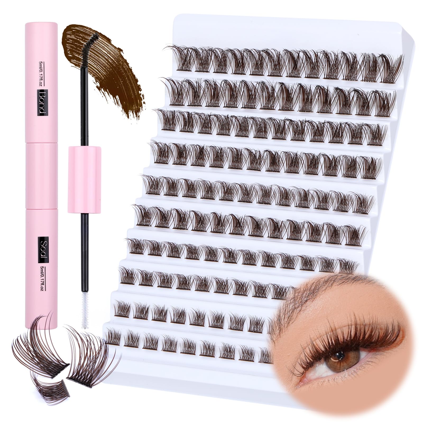 Lash Extension Kit Brown Lash Clusters with Brown Bond and Seal DIY Eyelash Extension Kit Natural Look 8-16mm Lash Clusters Kit DIY at Home by Yawamica