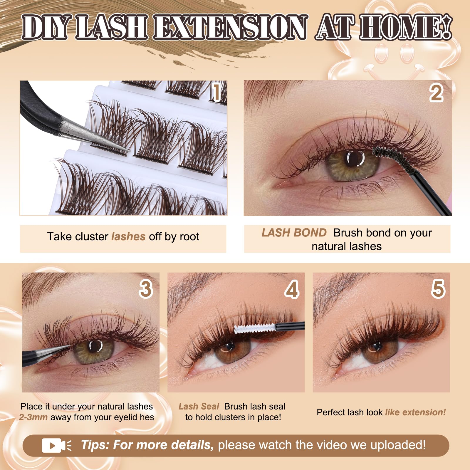 Lash Extension Kit Brown Lash Clusters with Brown Bond and Seal DIY Eyelash Extension Kit Natural Look 8-16mm Lash Clusters Kit DIY at Home by Yawamica