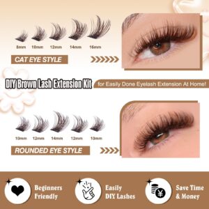 Lash Extension Kit Brown Lash Clusters with Brown Bond and Seal DIY Eyelash Extension Kit Natural Look 8-16mm Lash Clusters Kit DIY at Home by Yawamica