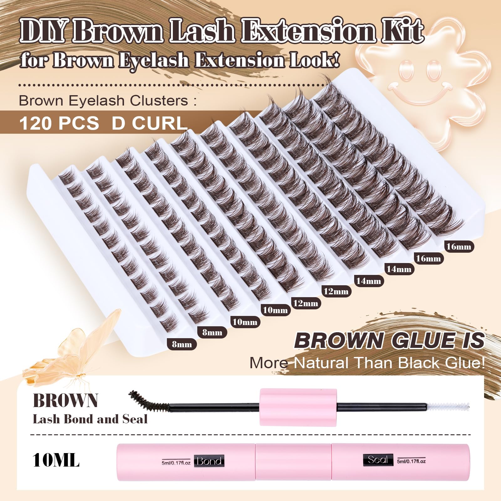 Lash Extension Kit Brown Lash Clusters with Brown Bond and Seal DIY Eyelash Extension Kit Natural Look 8-16mm Lash Clusters Kit DIY at Home by Yawamica