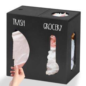 2 in 1 grocery bag holder trash bag dispenser, wood trash bag holder, garbage bag holder wall mount, grocery bag dispenser for plastic bags, kitchen cabinet under sink organizers and storage (black)