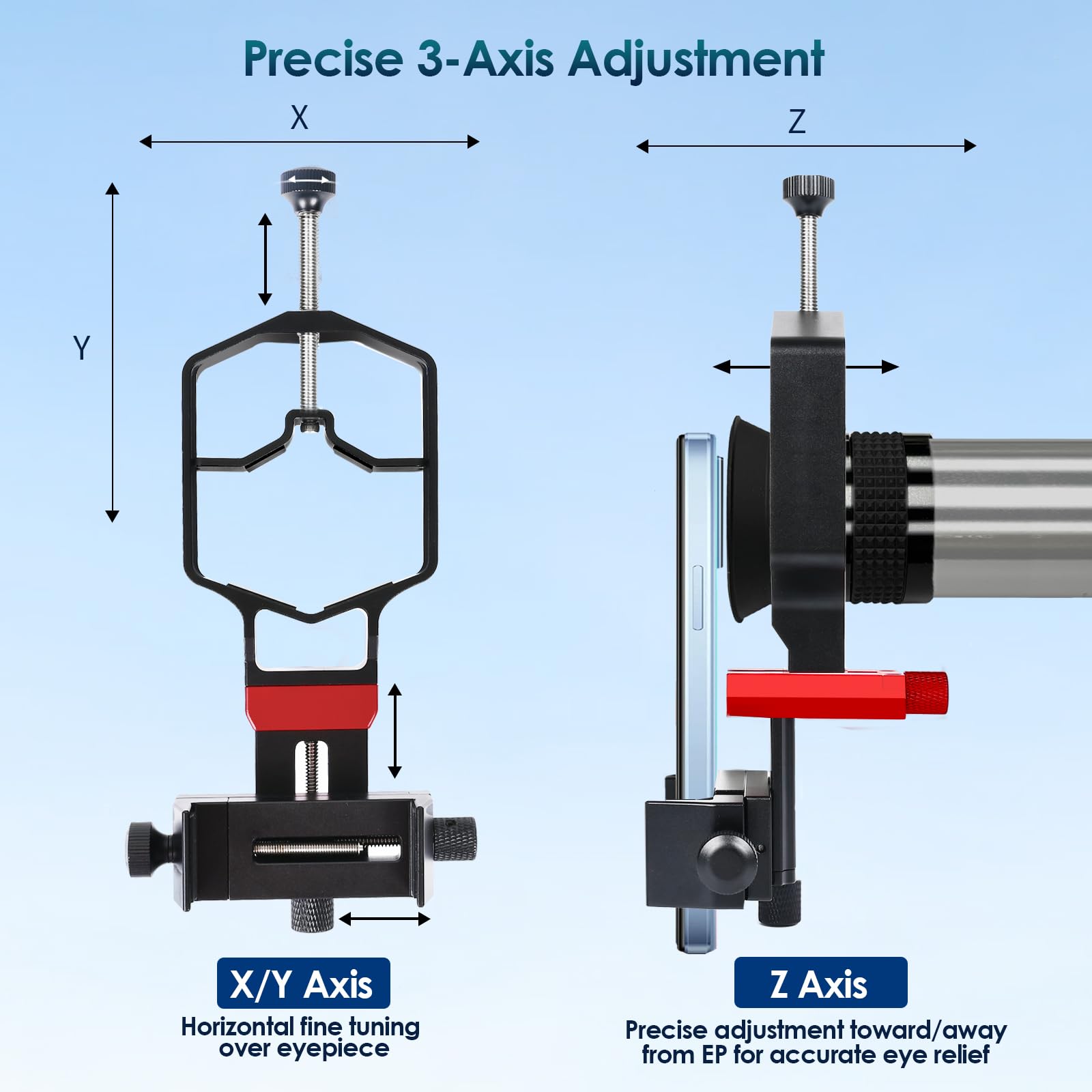 tridaptor - Universal Digiscoping Adapter | High-Precision Phone to Telescope 3-Axis Metal Holder Mount for Spotting Scope Binocular Monocular Microscope|Fits 2.4" Eyepiece Max&Any Cell Phone Camera