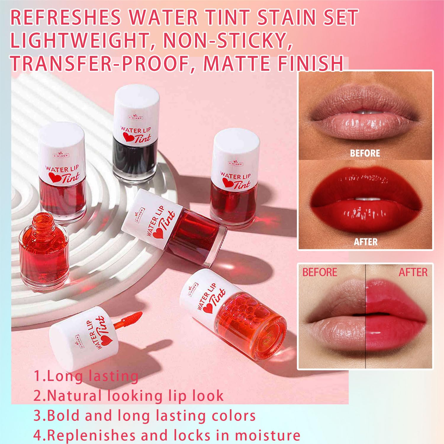 3 Colors Water Lip Tint Stain Set, Velvet Color Lip Tint Watery Lip Stain,Lip & Cheek Tint Moisturizing Mini Liquid Lipstick, Weightless & Non-sticky Finish Long-lasting Waterproof Lip Tint (Set A)