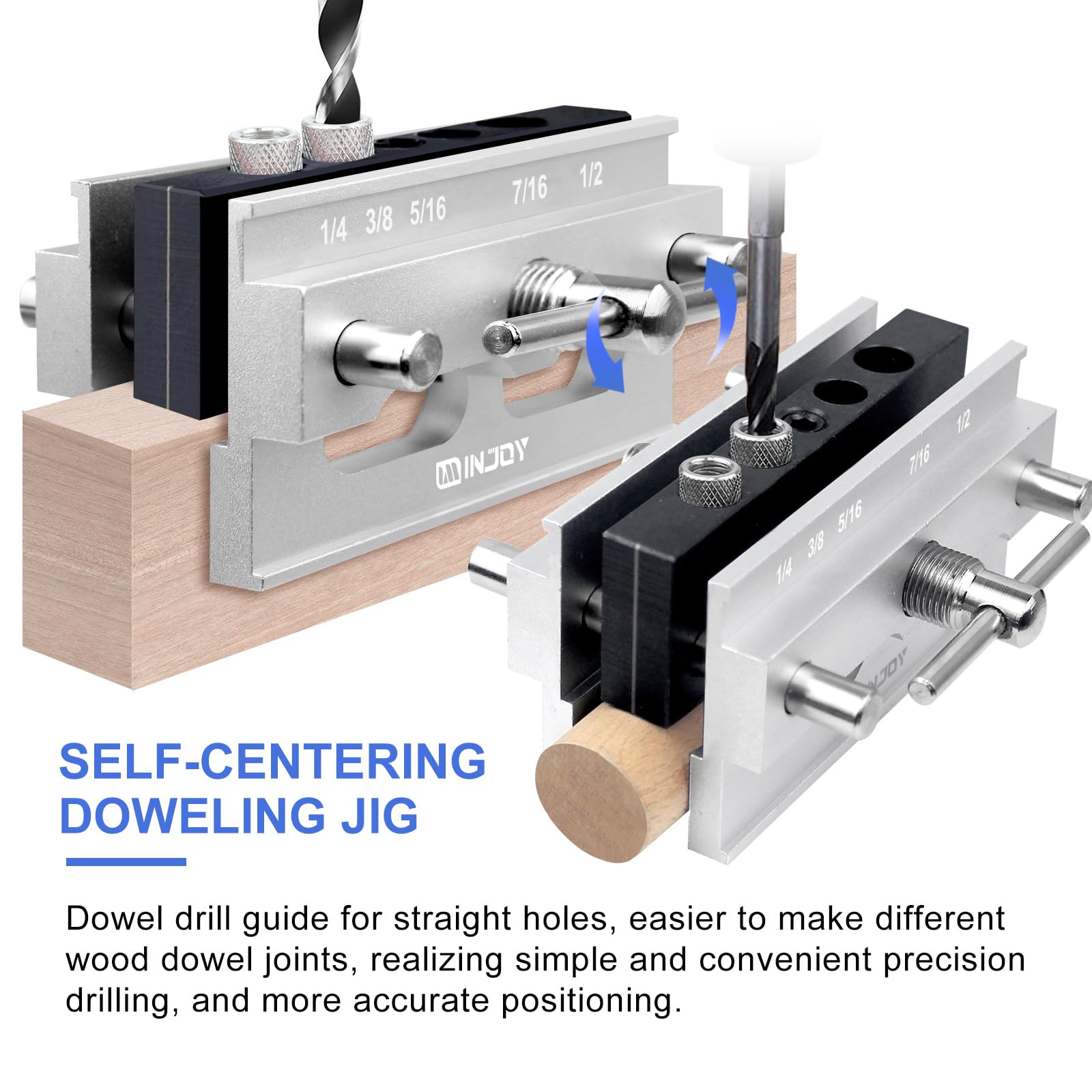 IMINJOY Self Centering Dowel Jig, Wood Dowel Drill Guide Tool with Step Drill Guide Bushings Set, Biscuit Joiner Woodworking Tools Drill Jig for Cabinets