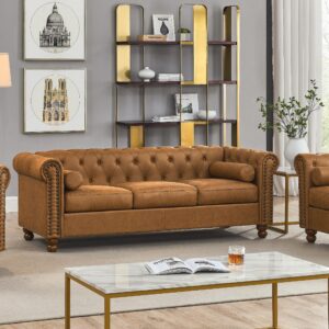 asucoora upholstered chesterfield tufted leather sofa couch for living room, rolled arm 3 seater sofa couch with nailhead trim and 2 neck roll pillows, brown