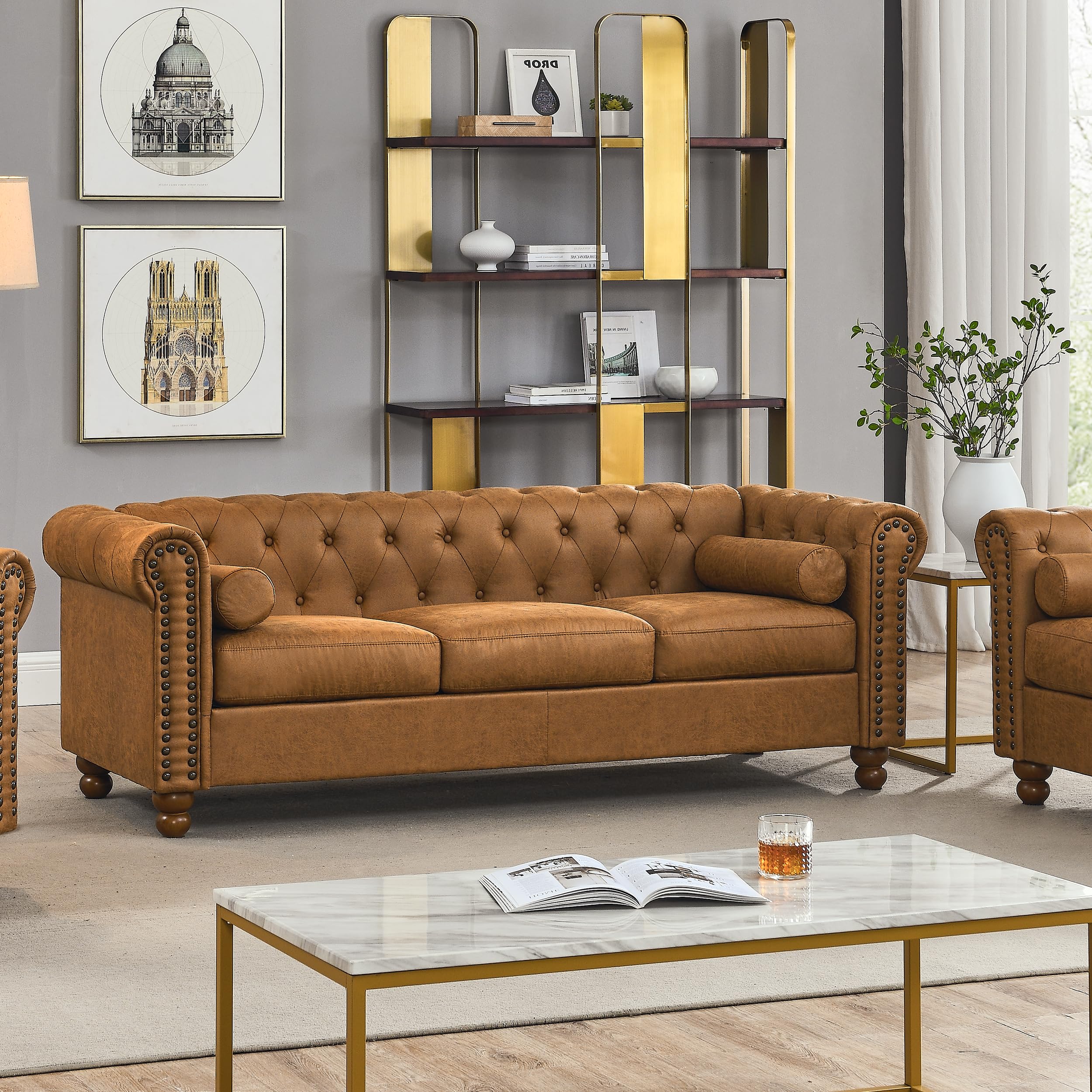 Asucoora Upholstered Chesterfield Tufted Leather Sofa Couch for Living Room, Rolled Arm 3 Seater Sofa Couch with Nailhead Trim and 2 Neck Roll Pillows, Brown