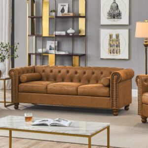 Asucoora Upholstered Chesterfield Tufted Leather Sofa Couch for Living Room, Rolled Arm 3 Seater Sofa Couch with Nailhead Trim and 2 Neck Roll Pillows, Brown