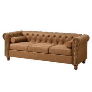 Asucoora Upholstered Chesterfield Tufted Leather Sofa Couch for Living Room, Rolled Arm 3 Seater Sofa Couch with Nailhead Trim and 2 Neck Roll Pillows, Brown