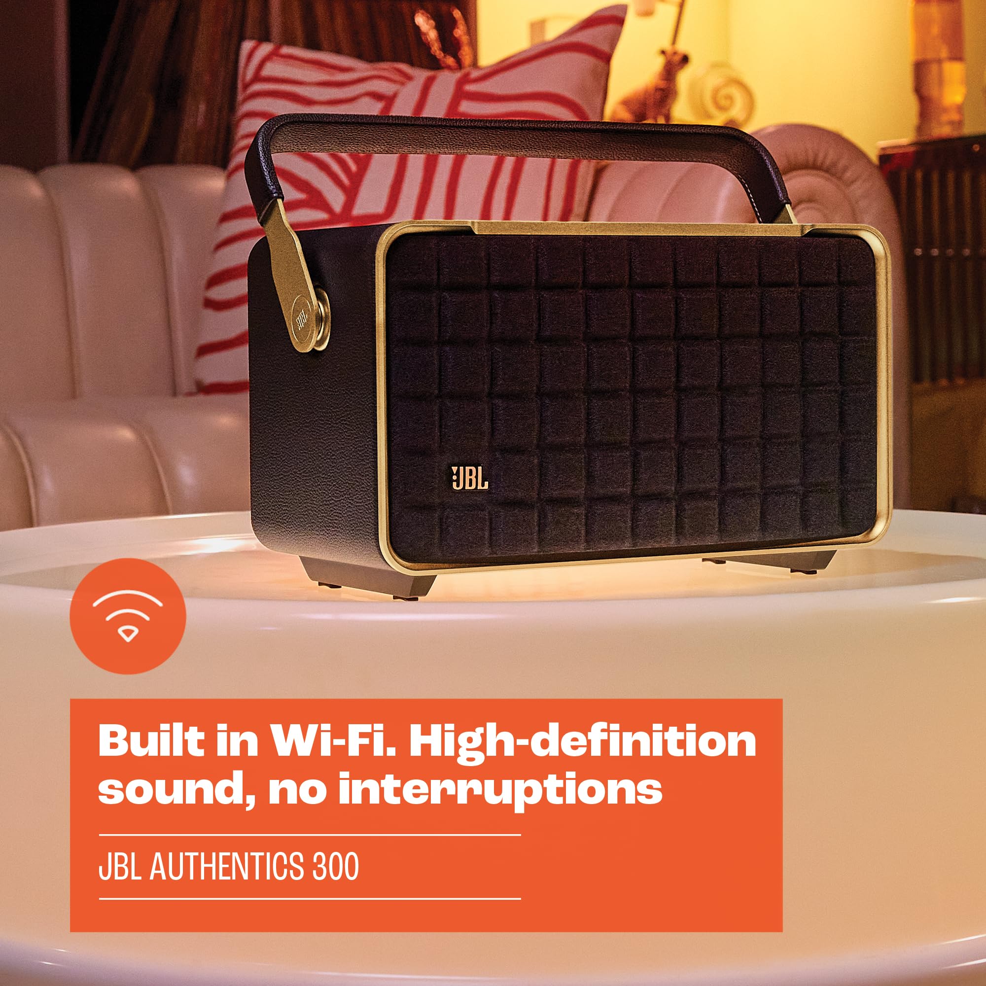 JBL Authentics 300 - Retro Style Wireless Bluetooth/WiFi Home Speaker, Built in Battery (4800mAh), Music Streaming Services via Built-in Wi-Fi, Built in Alexa and Google Assistant