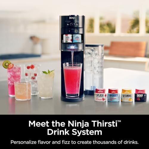 Ninja Thirsti Drink System, Soda Maker, Create Unique Sparkling & Still Drinks, Personalize Size & Flavor, Carbonated Water Machine, 60L CO2 Cylinder & Variety of Flavored Water Drops, Black WC1001