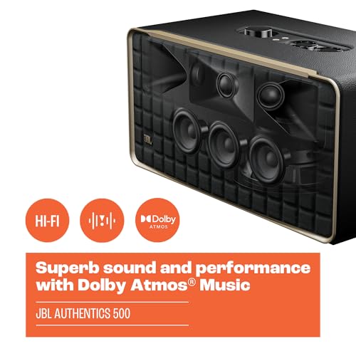 JBL Authentics 500 - Retro Style Home Speaker with Bluetooth, Voice Control, and Dolby Atmos, Multi Room Playback, Built in Alexa and Google Assistant, Automatic self tuning