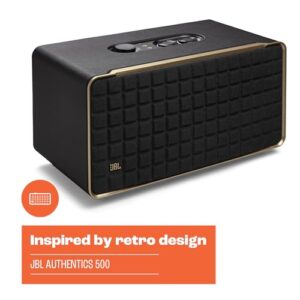 JBL Authentics 500 - Retro Style Home Speaker with Bluetooth, Voice Control, and Dolby Atmos, Multi Room Playback, Built in Alexa and Google Assistant, Automatic self tuning