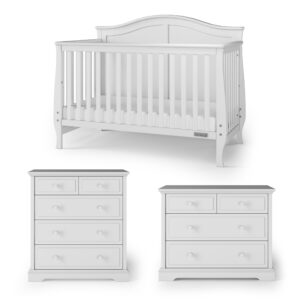 child craft camden crib, dresser and chest nursery set, 3-piece, includes 4-in-1 convertible crib, dresser and chest, grows with your baby (matte white)