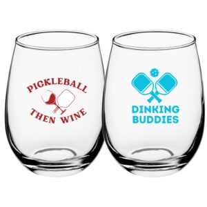 needzo dinking buddies and pickleball then wine unbreakable plastic stemless glasses, reusable shatterproof cups, 16 ounces each (pack 2)