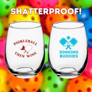 Needzo Dinking Buddies and Pickleball Then Wine Unbreakable Plastic Stemless Glasses, Reusable Shatterproof Cups, 16 Ounces Each (Pack 2)