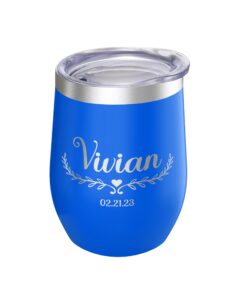 personalized wine tumbler with lid – wine glass travel mugs insulated for hot and cold – custom leak proof tumbler cups – engraved wedding gifts for newlyweds, anniversary (blue)