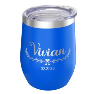 Personalized Wine Tumbler with Lid – Wine Glass Travel Mugs Insulated for Hot and Cold – Custom Leak Proof Tumbler Cups – Engraved Wedding Gifts for Newlyweds, Anniversary (Blue)