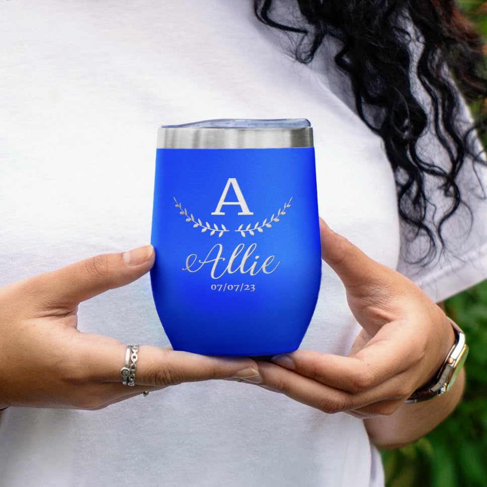 Personalized Wine Tumbler with Lid – Wine Glass Travel Mugs Insulated for Hot and Cold – Custom Leak Proof Tumbler Cups – Engraved Wedding Gifts for Newlyweds, Anniversary (Blue)