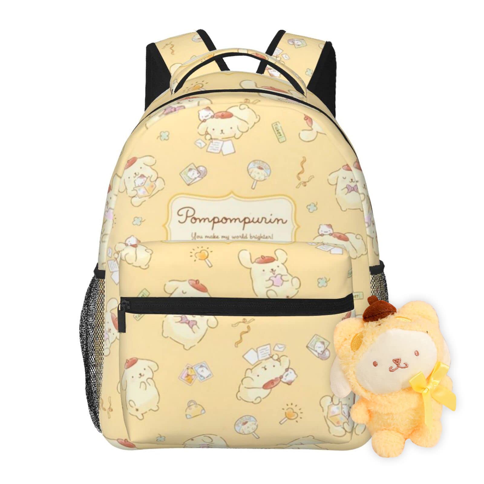 RODES Pompompurin Kawaii Casual Backpack With Cute Keychain Cartoon Anime Characters Large Capacity Laptop Backpack Travel Daypack Unisex Double Shoulder Strap Bag