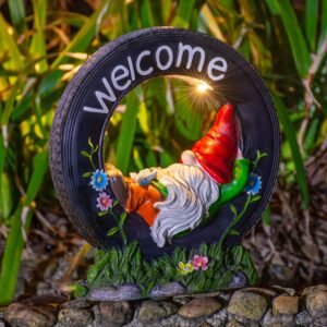 ottsuls solar gnome garden statues for outdoor, resin welcome dwarf with tyre&led lights, sculpture decor for patio, porch, balcony, yard, lawn ornament - unique holidays/birthday gift