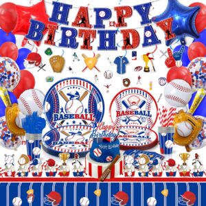 baseball birthday party supplies 207 pcs baseball party decorations for girls baby - banner, plates, cups, napkins, utensils, cake, cupcake toppers, cupcakes wrappers, balloons, tablecloth serves 16