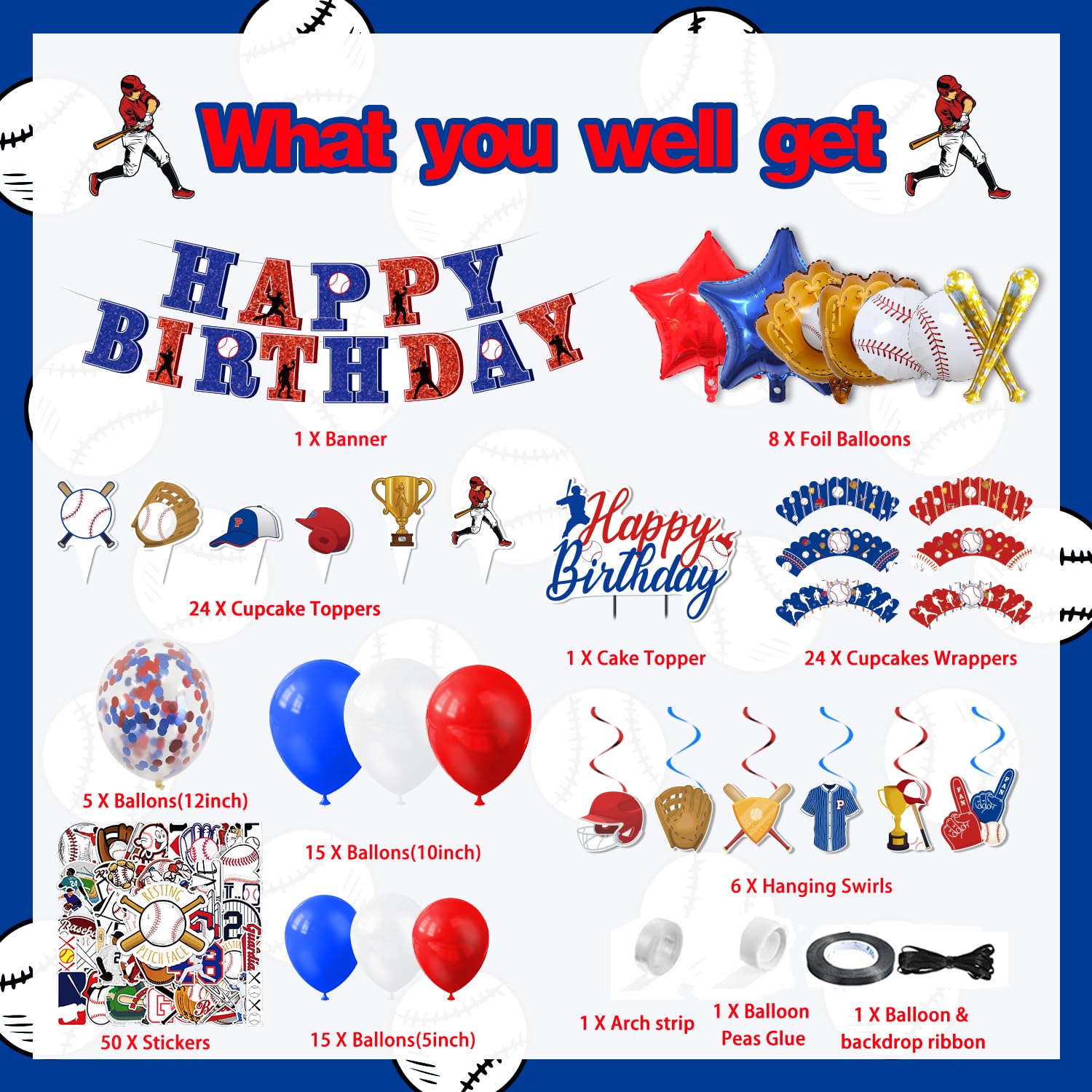 Baseball Birthday Party Supplies 207 Pcs Baseball Party Decorations for Girls Baby - Banner, Plates, Cups, Napkins, Utensils, Cake, Cupcake Toppers, Cupcakes Wrappers, Balloons, Tablecloth Serves 16