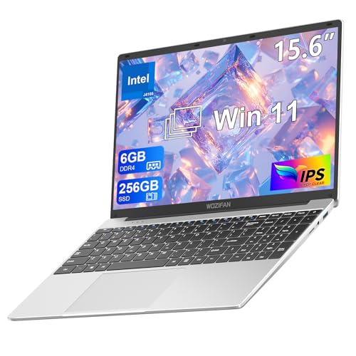 WOZIFAN 15.6 Inch Laptop Computer 6GB DDR4 256GB SSD 1920x1080 IPS Display Win 11 Laptop Celeron J4105 1.5Ghz(Up to 2.5Ghz) 4-Core Processor Notebook 2.4G+5G WiFi BT4.2 Adapter Wireless Mouse-Silver