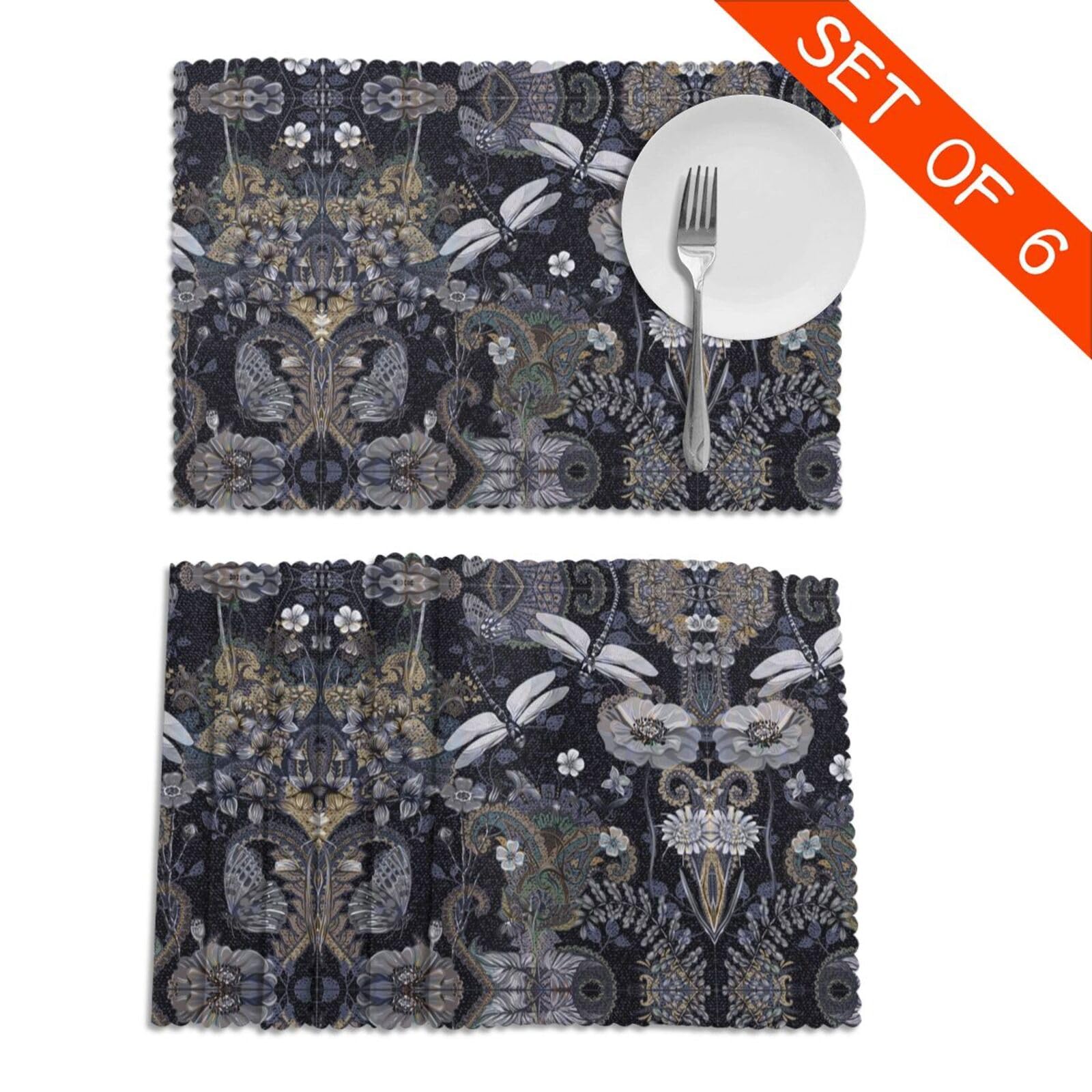 Placemats, Dragonflies Grey Print Placemats Set of 6, Heat Resistant Place Mats, Washable Table Mats