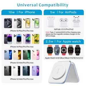 3 in 1 Mag-Safe Charger, Magnetic Wireless Charger Travel Stand for iPhone 15/14/13/12/Pro/Plus/Max, Apple Watch Charger for iWatch 9/8/Ultra/7/6/SE/5/4/3, Charging Station for AirPods 1/2/3/Pro