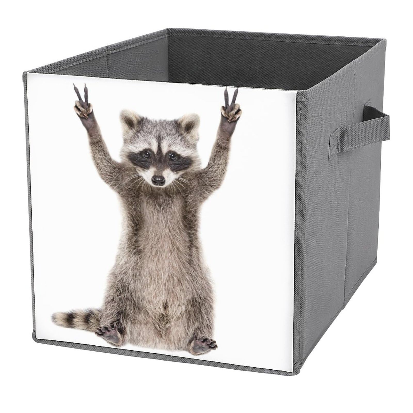 DamTma Funny Cute Raccoon Storage Cubes Fabric Foldable Show Sign Peace Storage Bin Organizer Storage Boxes with Handles for Clothing Toys Books 11 Inch