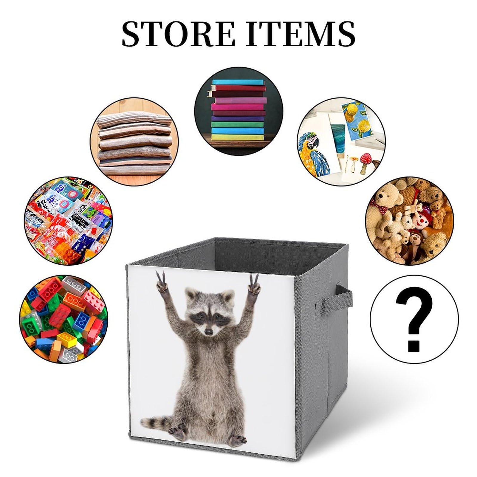 DamTma Funny Cute Raccoon Storage Cubes Fabric Foldable Show Sign Peace Storage Bin Organizer Storage Boxes with Handles for Clothing Toys Books 11 Inch