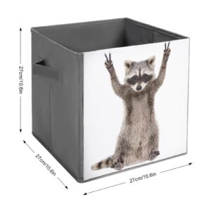 DamTma Funny Cute Raccoon Storage Cubes Fabric Foldable Show Sign Peace Storage Bin Organizer Storage Boxes with Handles for Clothing Toys Books 11 Inch