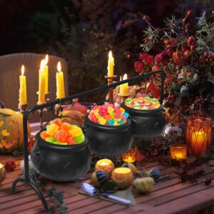 zhitaoxun 3pcs witches cauldron serving bowls with iron rack,halloween party decotations,black plastic candy bucket cauldron bowls for halloween outdoor and indoor decor