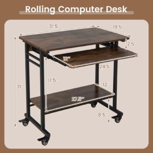 Giantex Rolling Computer Desk, Mobile Desk with Keyboard Tray, Portable Laptop PC Desk Cart with Shelf & Hooks, Small Desk with Wheels for Small Spaces, Bedroom, Apartment, Home Office Desk