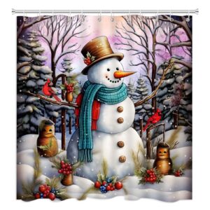 Merry Christmas Snowman Shower Curtain Winter Rustic Farmhouse Forest Xmas Snowflake Snow Country Pinecone Cute Red Bird New Year Holiday Fabric Polyester Curtains Bathroom Set Hooks 70x70 Inch