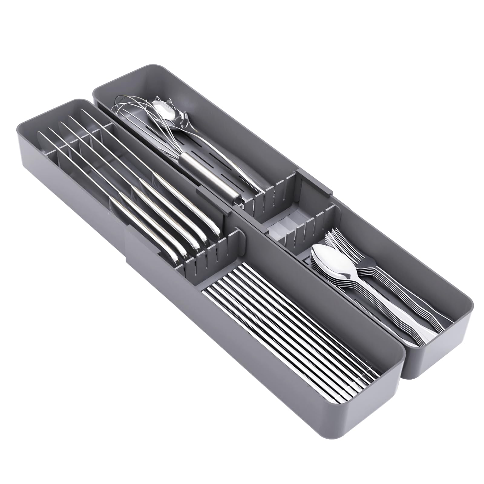 AEARY Kitchen Drawer Silverware Organizer, Adjustable Cutlery Organizer, Expandable Utensils Holder, Silverware Dividers Tray, Storage for Flatware, Large Drain Board (Gray,2 Sets)