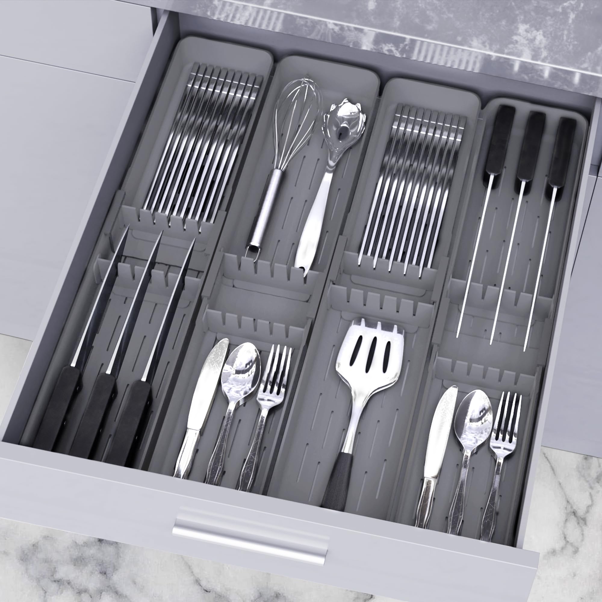 AEARY Kitchen Drawer Silverware Organizer, Adjustable Cutlery Organizer, Expandable Utensils Holder, Silverware Dividers Tray, Storage for Flatware, Large Drain Board (Gray,2 Sets)