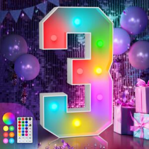 imprsv 3ft colorful marquee light up numbers,18 colors number 3 with remote, light up numbers sign for 13th 30th birthday anniversary party decor, pre-cut foam board ki, mosaic numbers for balloont