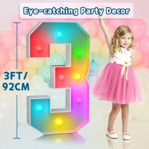 imprsv 3FT Colorful Marquee Light Up Numbers,18 Colors Number 3 With Remote, Light Up Numbers Sign for 13th 30th Birthday Anniversary Party Decor, Pre-Cut Foam Board Ki, Mosaic Numbers for Balloont