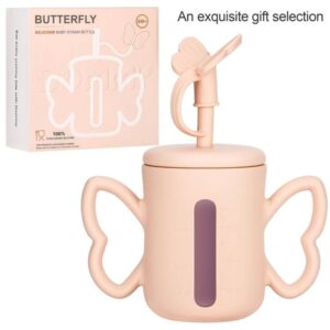 Dommy Butterfly Training Cup with Straw Lid For 6M+ Infants & Toddlers, Pink Sippy Cup/Smoothie Cup, 5oz