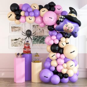 house of party halloween balloon arch kit 86 pcs - 18/12/10/5 inch pink and purple halloween balloon garland kit with 30" witch foil balloon & pvc bats for halloween balloons decorations