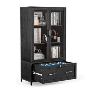 vingli lateral file cabinet with glass doors and locking drawer for hanging file folders, bookshelf with adjustable shelves for home office (black, 30''w x 16''d x 55''h)